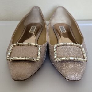 Badgley Mischka Sparkling Beige Flats with Crystal Buckle
